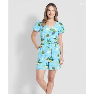 Modcloth X Collectif Womens Blue Tropical Turtles Romper 14 Resort Coconut Girl